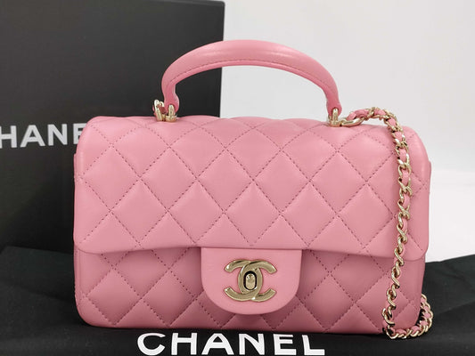 CHANEL Top Handle Lambskin Gold Hardware 2way Handbag Chain Shoulder Bag Serial Fittings Plate Pink Handbag