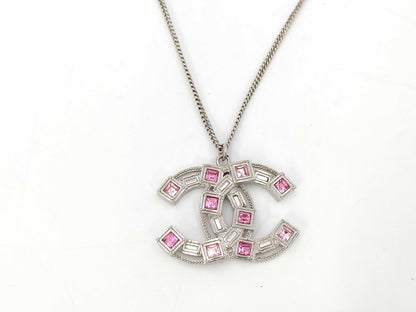 CHANEL B17S Cocomark Pink Stone Silver Necklace