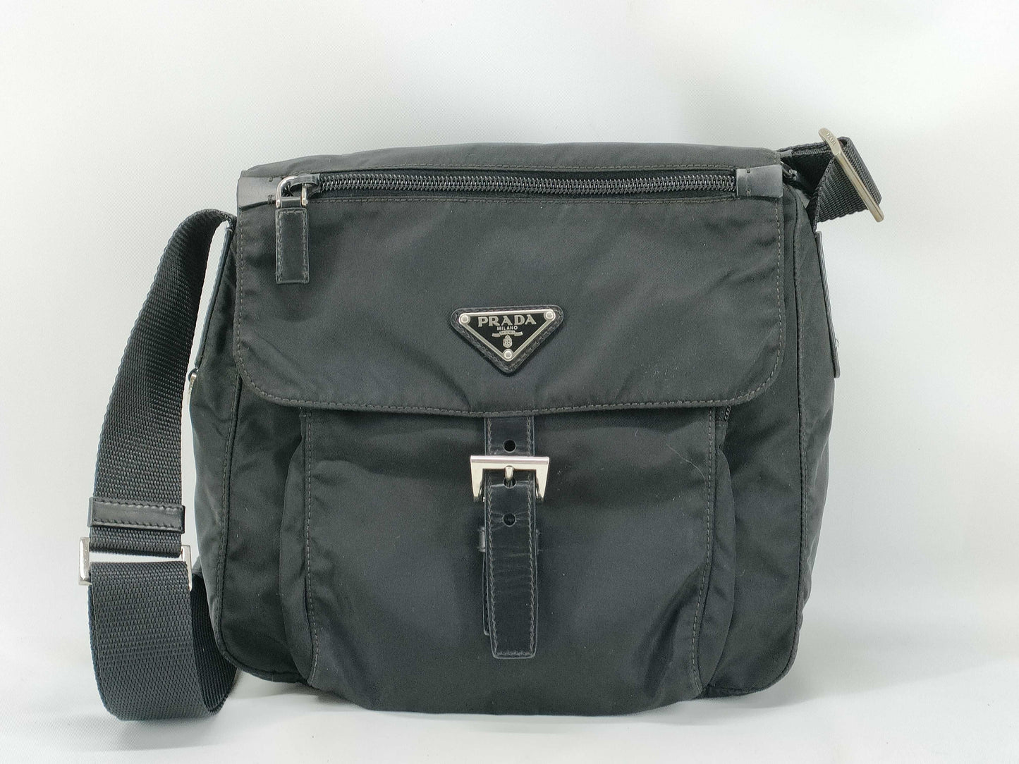 PRADA Nylon Tessuto Triangle Plate Shoulder Bag with Silver Hardware, Black
