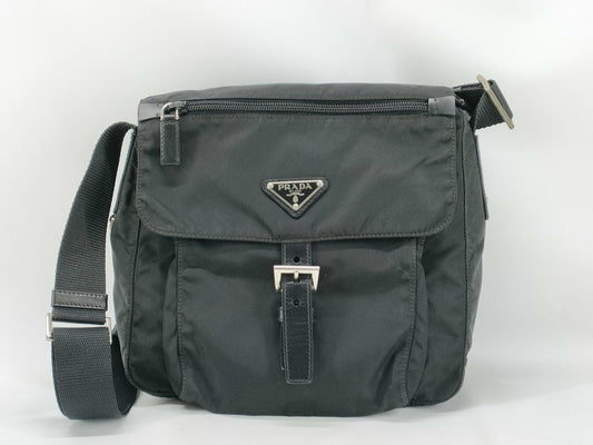 PRADA Nylon Tessuto Triangle Plate Shoulder Bag with Silver Hardware, Black