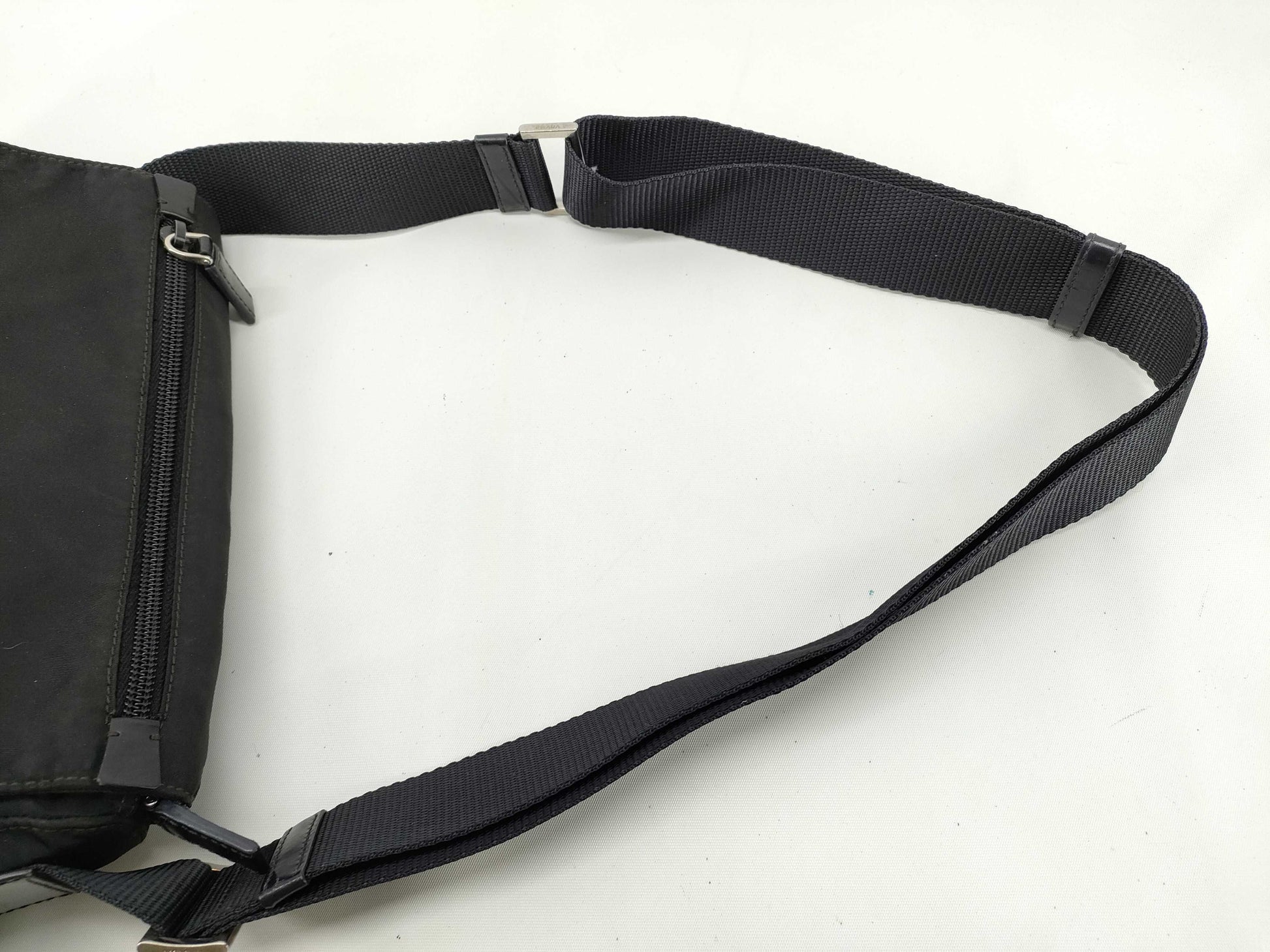 PRADA Nylon Tessuto Triangle Plate Shoulder Bag with Silver Hardware, Black