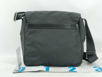 PRADA Nylon Tessuto Triangle Plate Shoulder Bag with Silver Hardware, Black