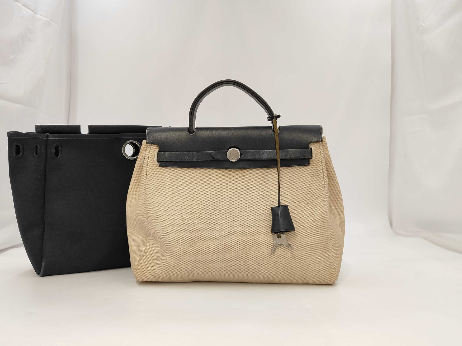 HERMES Ale Bag PM □D Engraving 2000 Toile Ash Toileau Officier Natural Black Accessories: Replacement Bag Cadena Key 2 Crochet Glove Holder Shoulder Bag