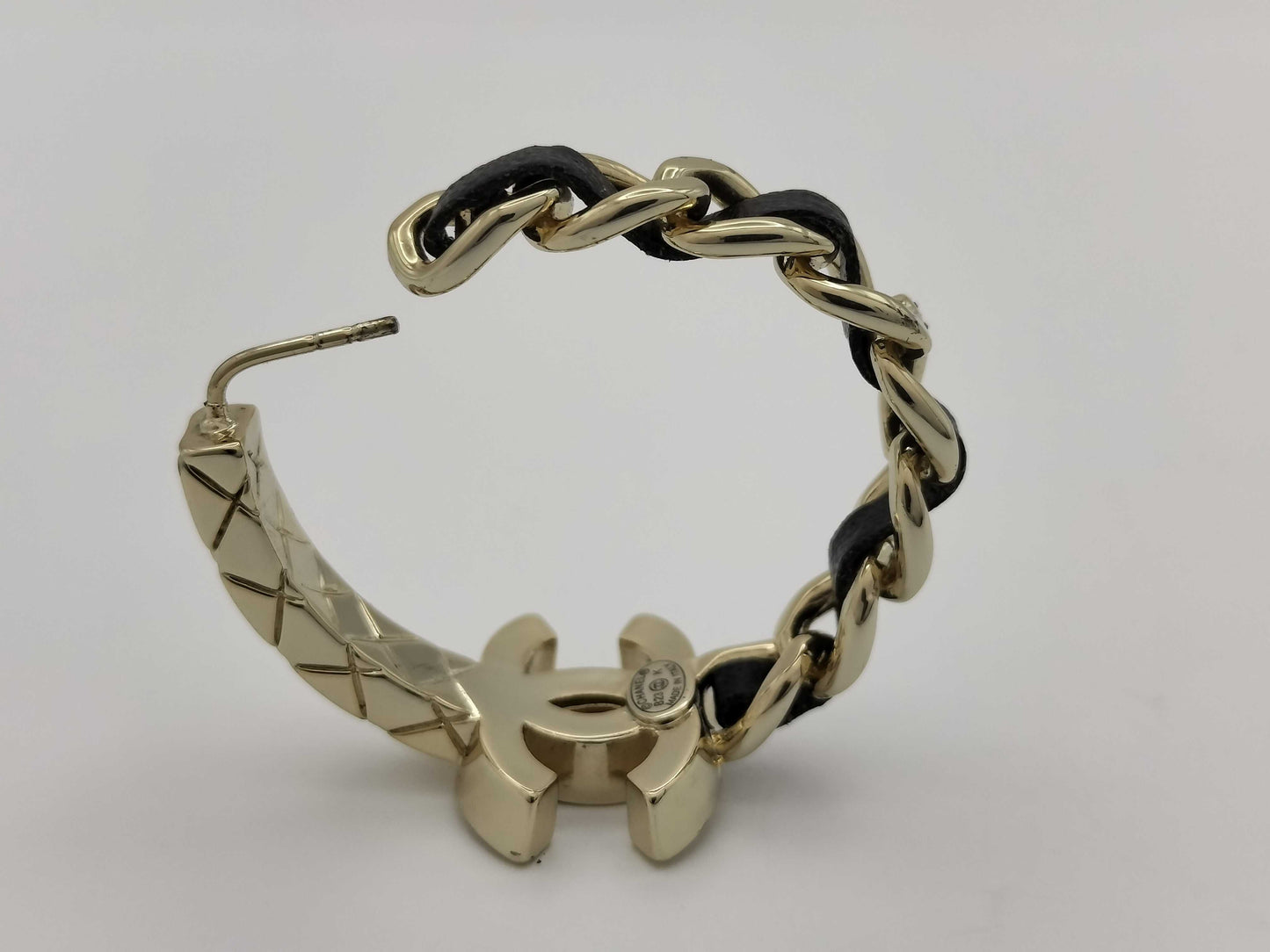 CHANEL Coco Mark Earrings, One Side, Metal, Leather, and Crystal, Gold and Black, B23K