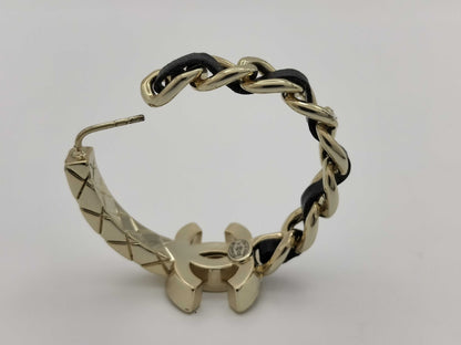 CHANEL Coco Mark Earrings, One Side, Metal, Leather, and Crystal, Gold and Black, B23K