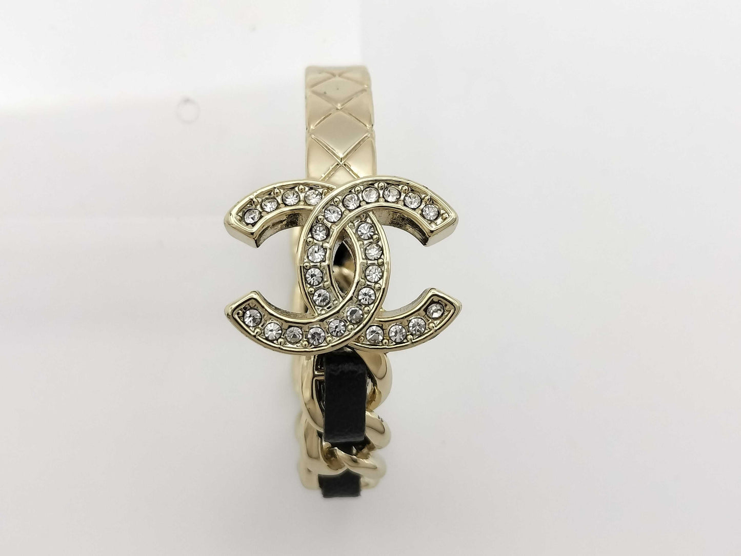 CHANEL Coco Mark Earrings, One Side, Metal, Leather, and Crystal, Gold and Black, B23K