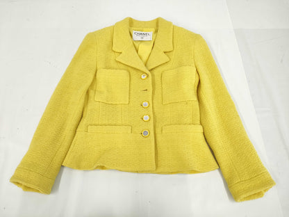 CHANEL Fall/Winter Jacket Tweed Mirror Button Wool Yellow Jacket