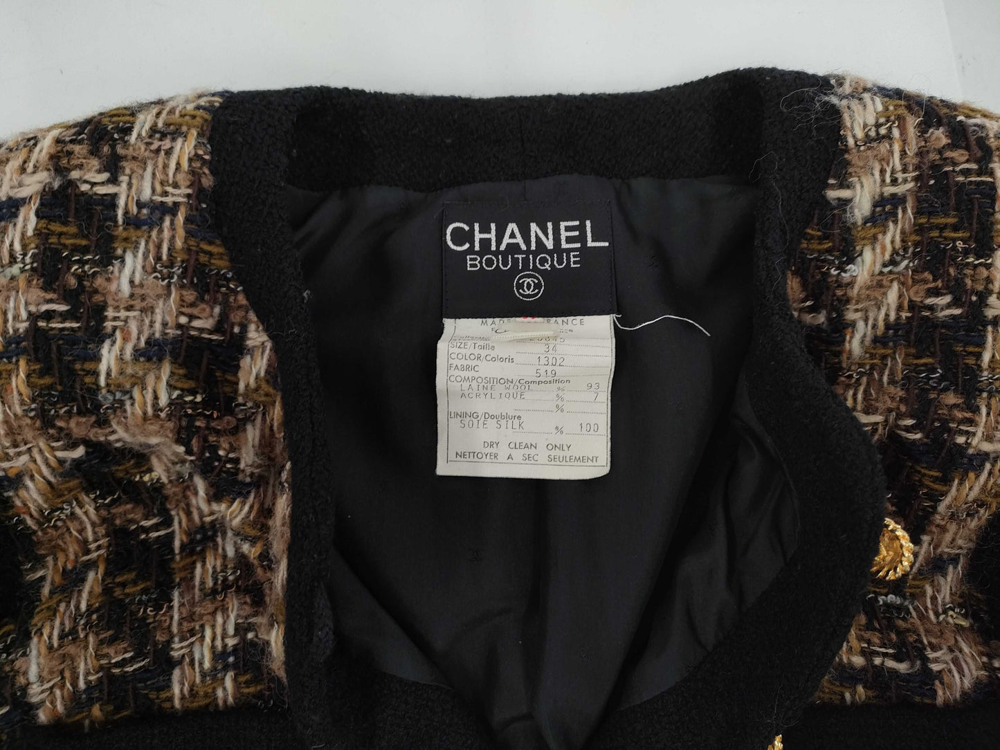 CHANEL Fall/Winter Jacket and Skirt Tweed Set, Wool and Acrylic, Black and Brown Multi, #34 Other Apparel
