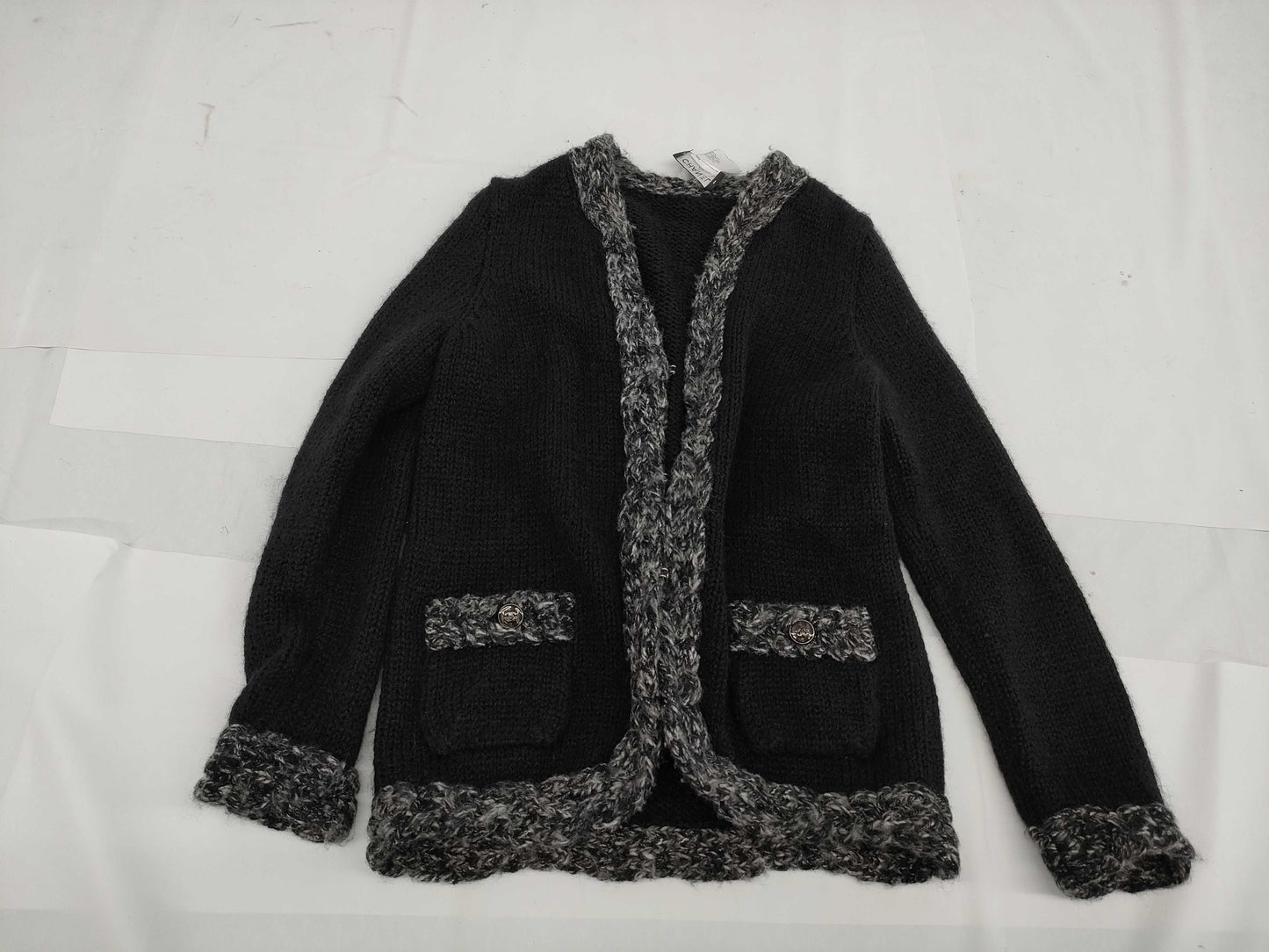 CHANEL Fall/Winter Knit Cardigan, Wool/Acrylic/Alpaca/Cashmere/Mohair/Nylon, Black/Gray, #38