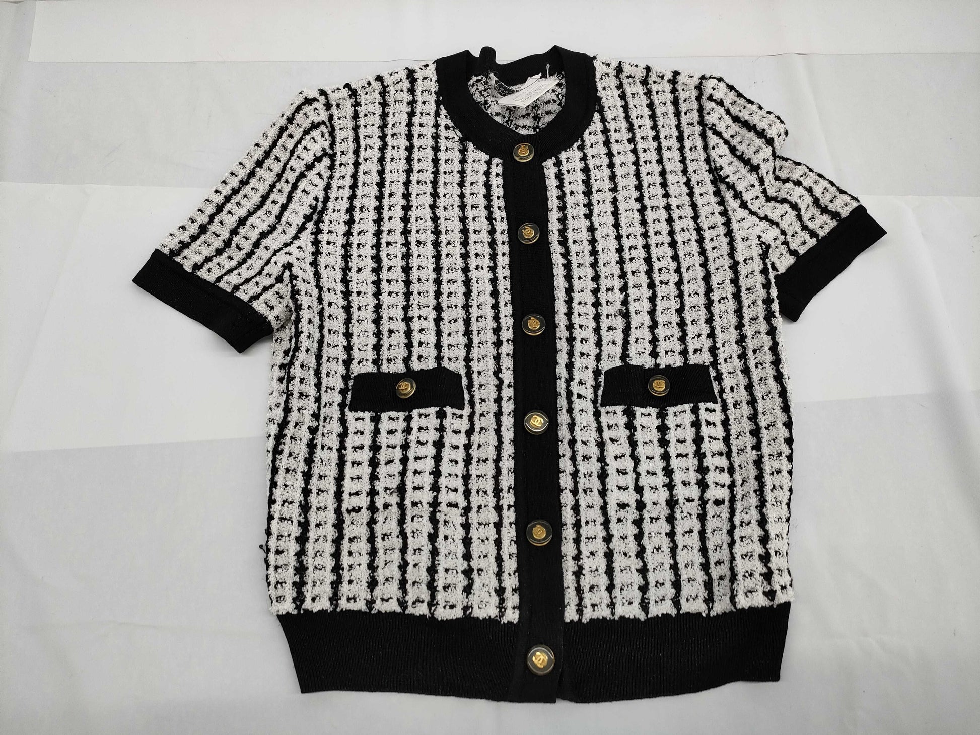 CHANEL Short Sleeve Cardigan Polyester x Acetate x Nylon White x Black #42 97P Other Apparel