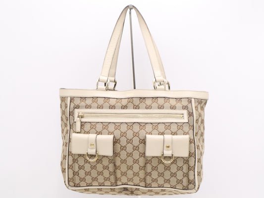 GUCCI 146247 Canvas x Leather GG Canvas Ivory Tote Bag