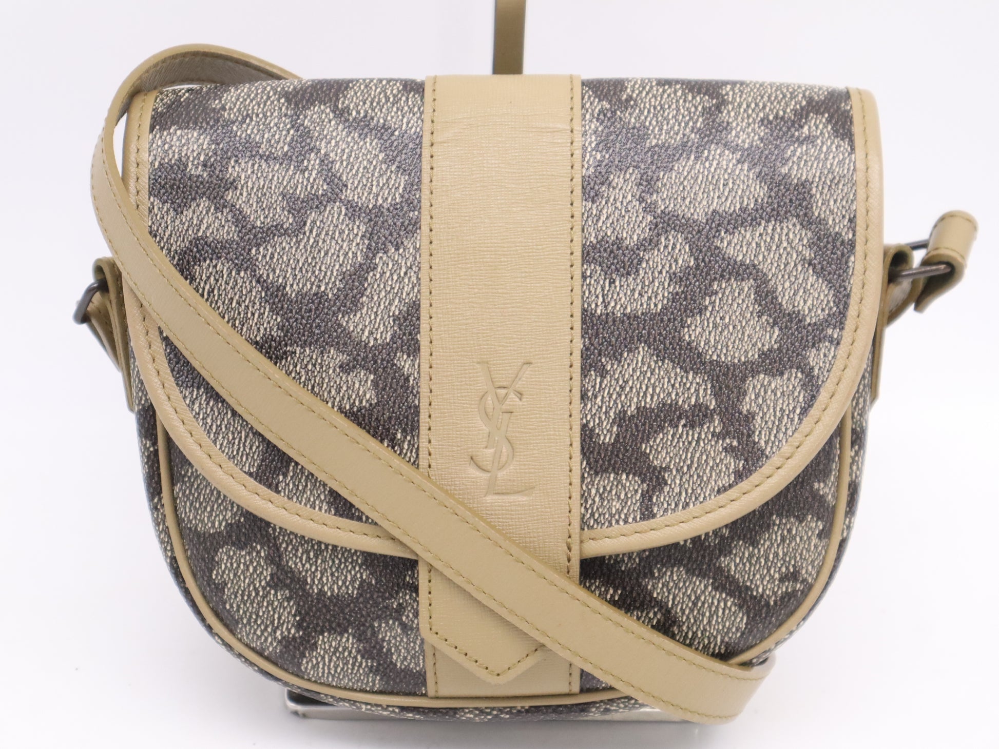 Yves Saint Laurent PVC x Leather Logo Khaki Shoulder Bag