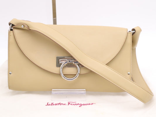 Salvatore Ferragamo Beige Leather Gancini Shoulder Bag with Dust Bag