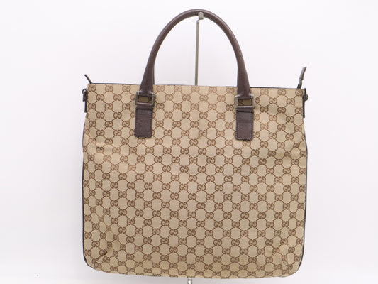 GUCCI 122797 Canvas x Leather GG Canvas Brown with Silver Hardware Tote Bag