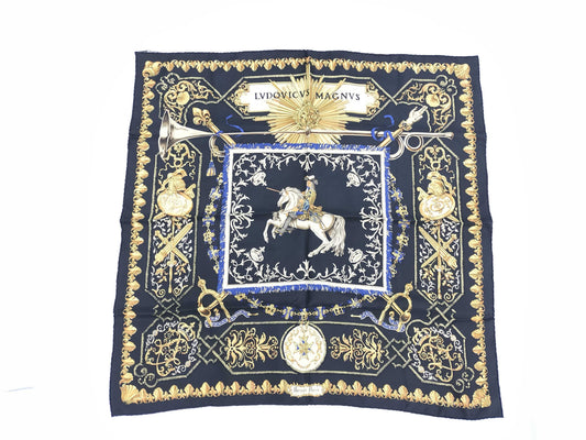 HERMES Silk Carré 90 LVDOVICVS MAGNVS Louis XIV on a White Horse Black Multicolor Scarf