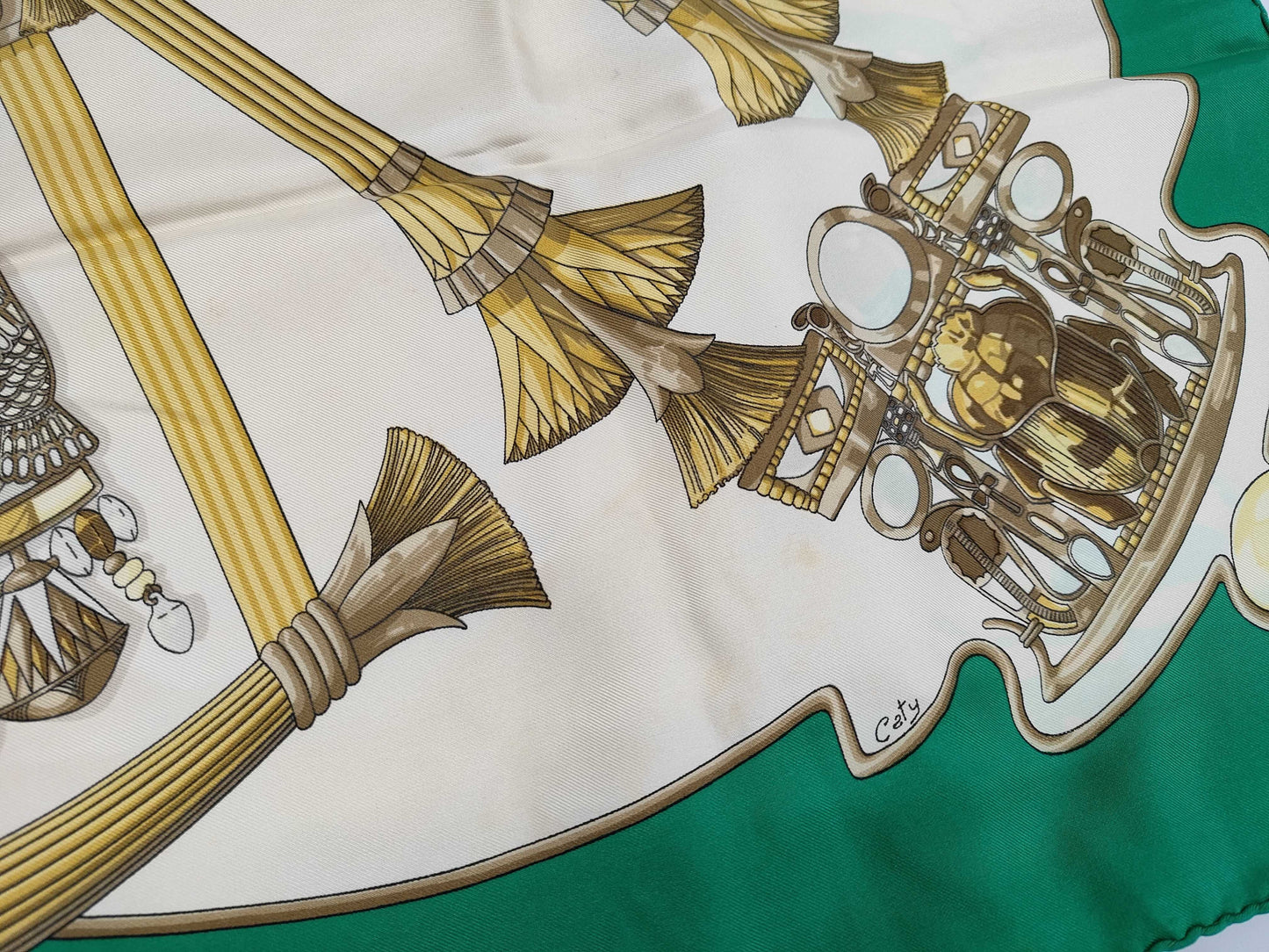 HERMES Silk Carré 90 Caty Scarf with Ancient Egyptian Scarab Pattern, Beige and Green