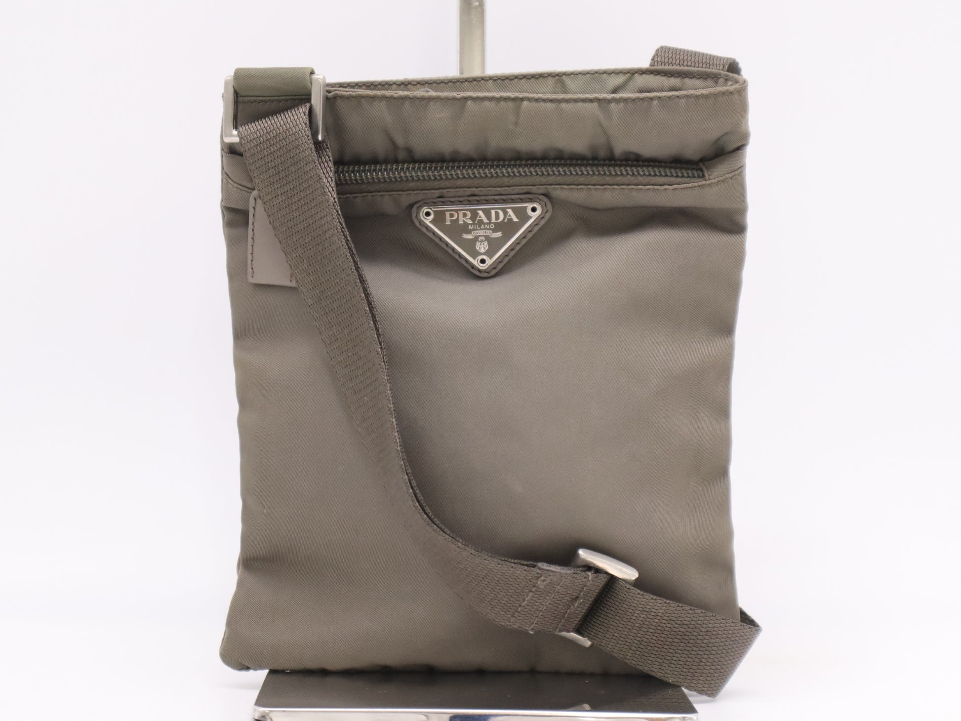PRADA Nylon Triangle Logo Khaki Shoulder Bag