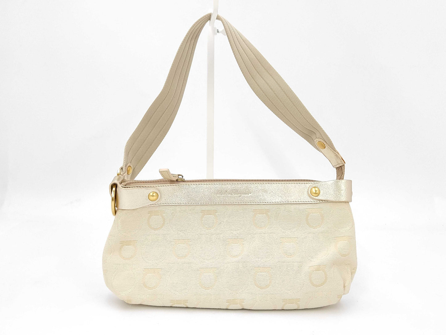 Salvatore Ferragamo AU-21/6342 Canvas and Leather Gancini Beige Shoulder Bag