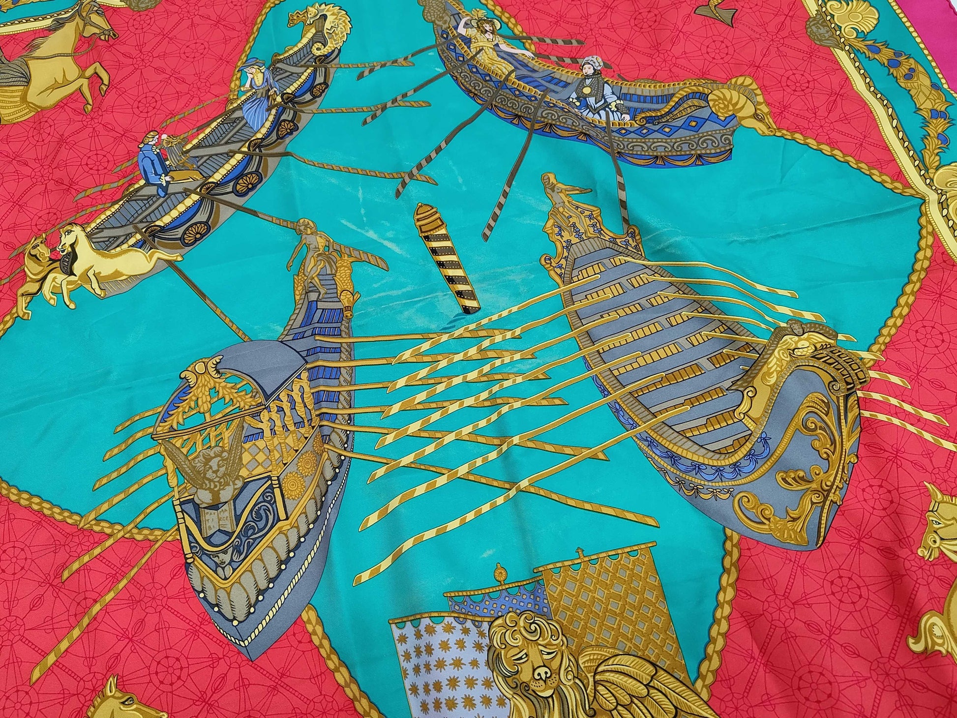 HERMES Silk Carré 90 "Les Bissons de Venice" Venice Ships Pink Multicolor Scarf