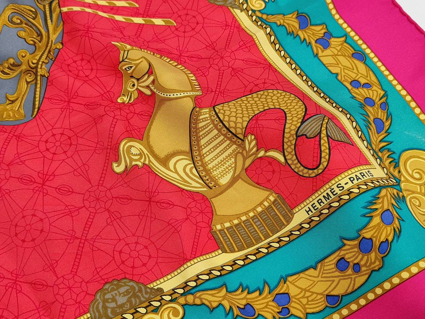 HERMES Silk Carré 90 "Les Bissons de Venice" Venice Ships Pink Multicolor Scarf