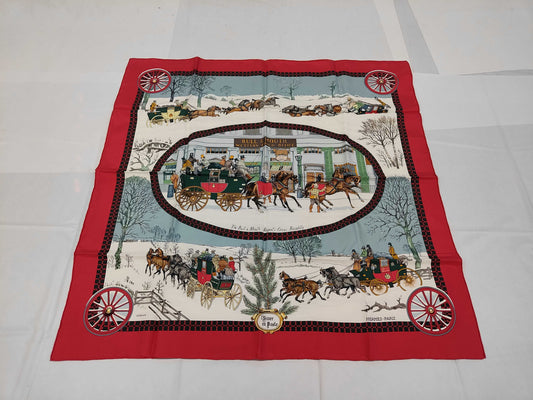HERMES Silk Carré 90 "LHiver en Poste" Winter Mail Carriage Red and White Scarf with Box