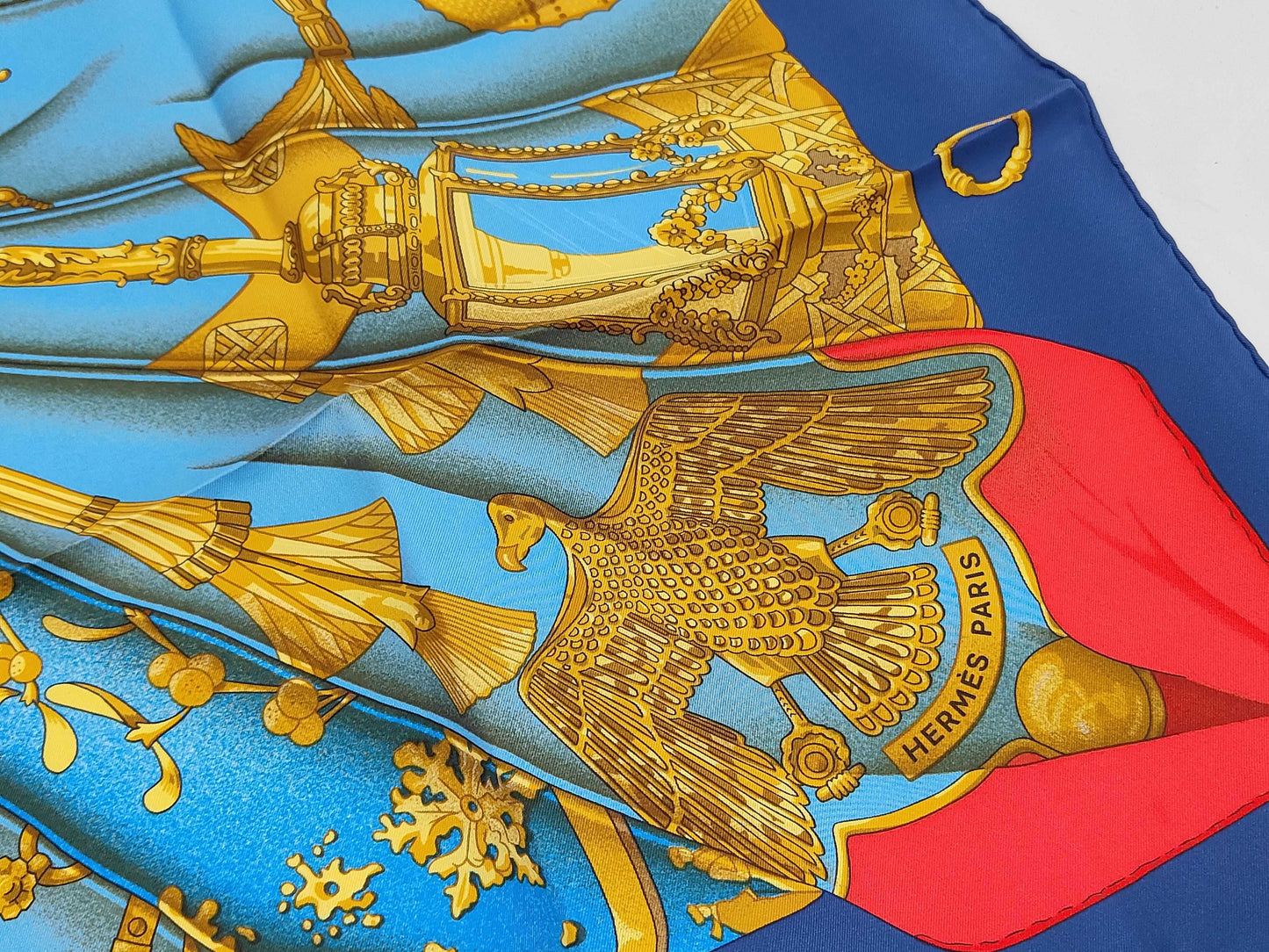 HERMES Silk Carré 90 Soleil de Soie Silk Sun Blue Yellow Scarf with Box