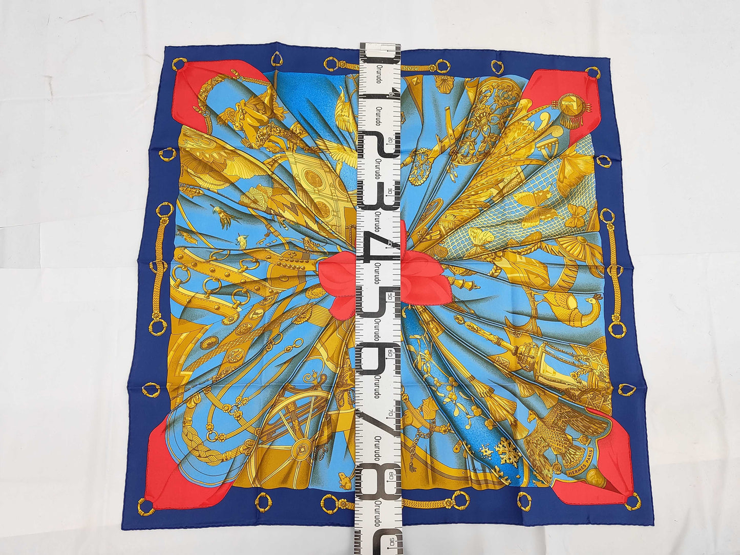 HERMES Silk Carré 90 Soleil de Soie Silk Sun Blue Yellow Scarf with Box