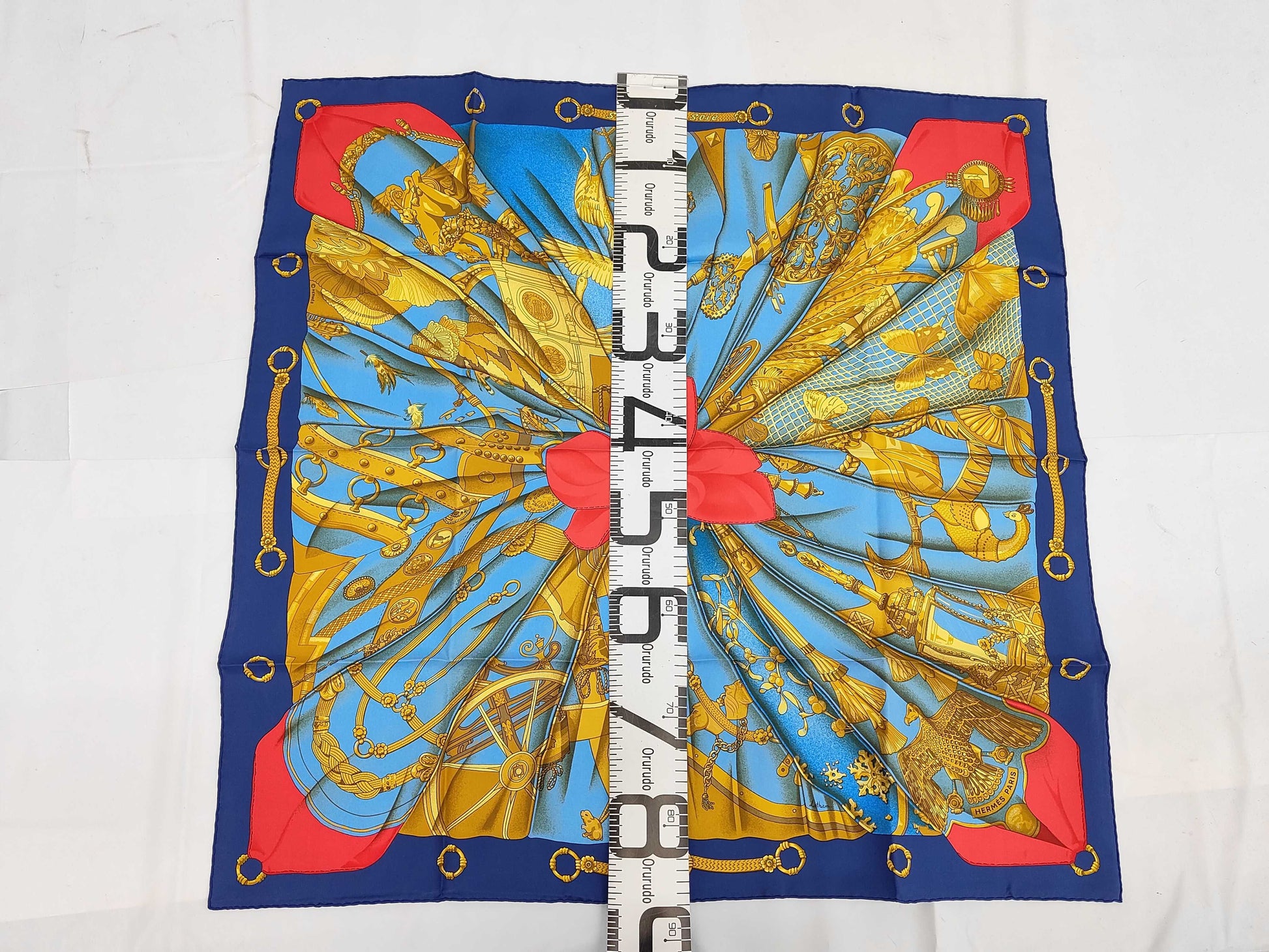 HERMES Silk Carré 90 Soleil de Soie Silk Sun Blue Yellow Scarf with Box