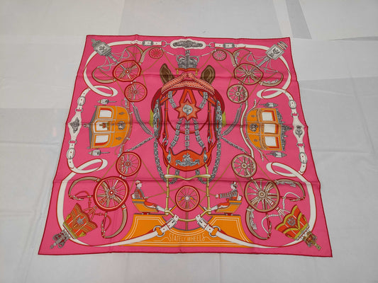 HERMES Silk Carré 90 Stately Wheels Pink Scarf with Box