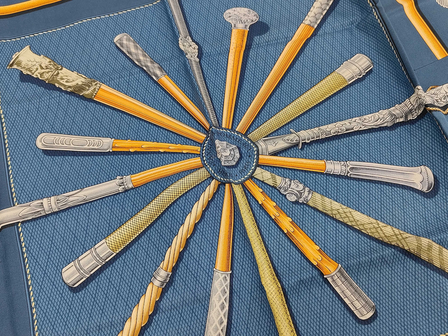 HERMES Silk Carré 90 Cannes & Pommeaux Walking Stick Pattern Scarf in Navy Multicolor with Box