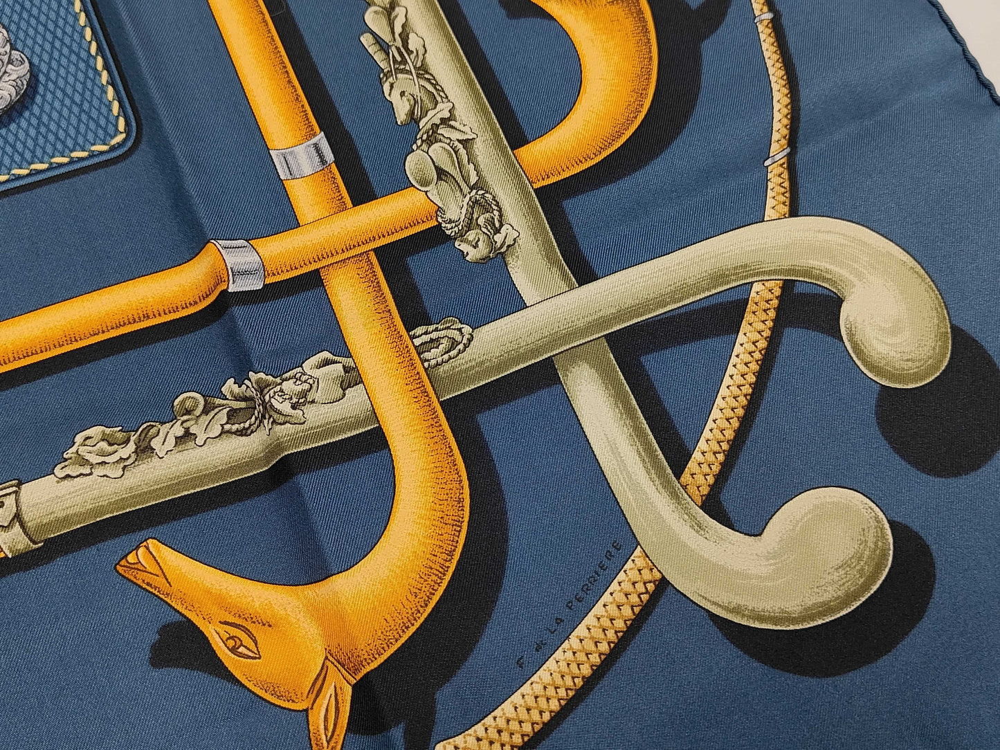 HERMES Silk Carré 90 Cannes & Pommeaux Walking Stick Pattern Scarf in Navy Multicolor with Box