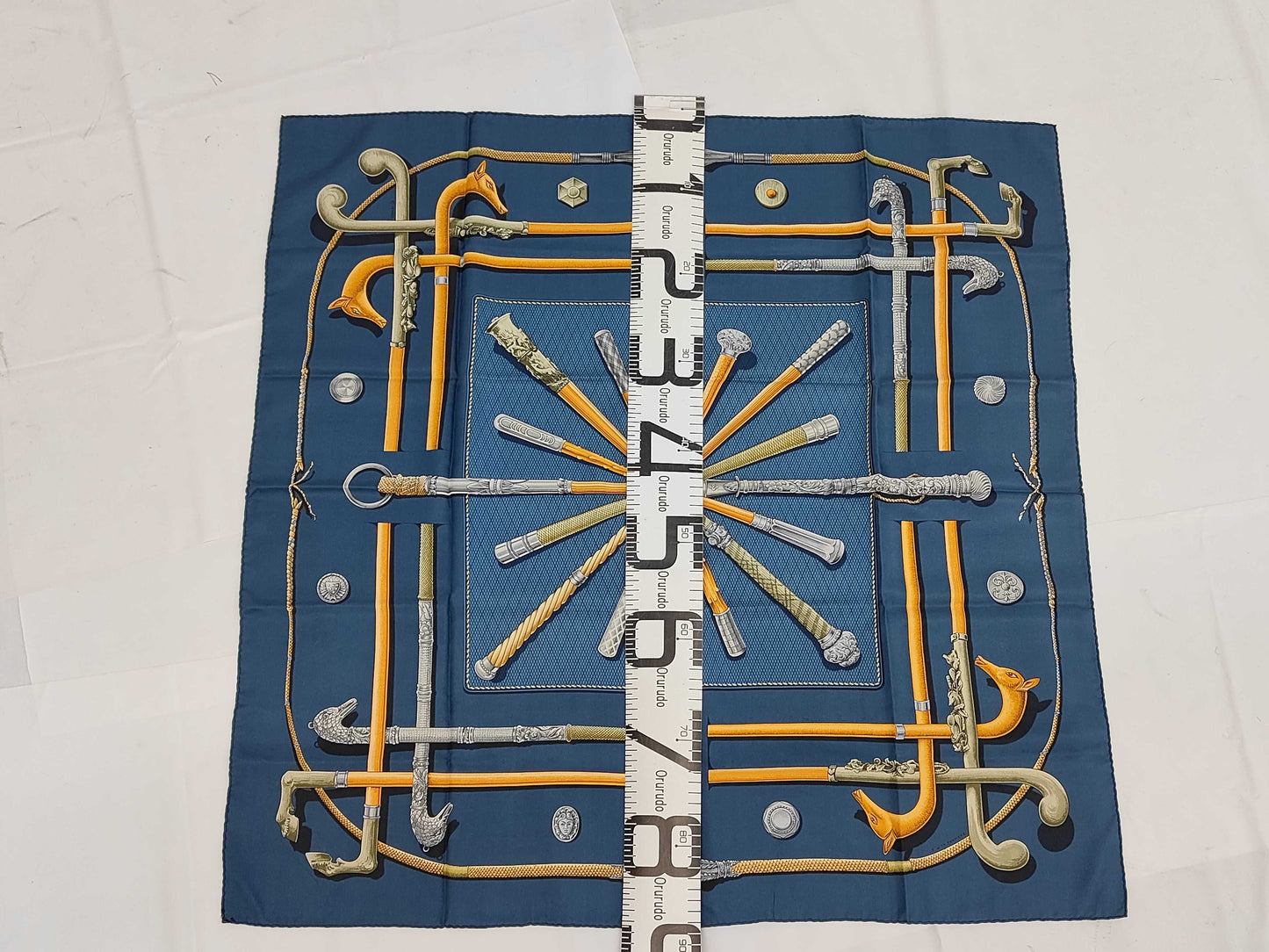 HERMES Silk Carré 90 Cannes & Pommeaux Walking Stick Pattern Scarf in Navy Multicolor with Box
