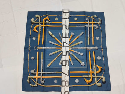 HERMES Silk Carré 90 Cannes & Pommeaux Walking Stick Pattern Scarf in Navy Multicolor with Box
