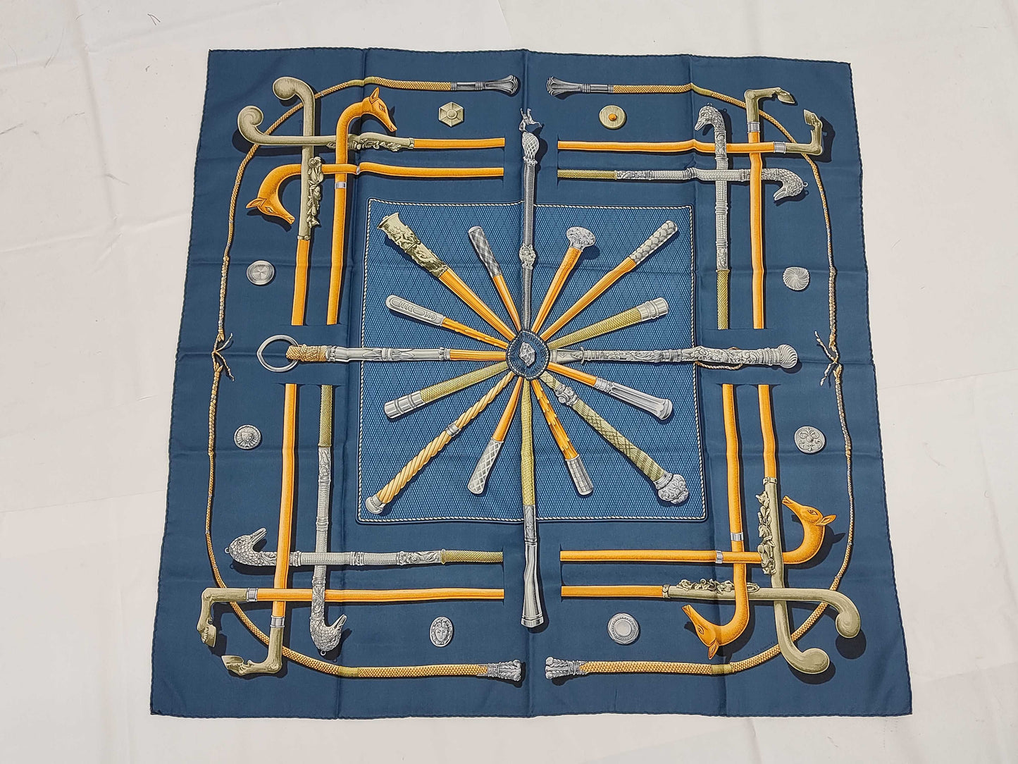 HERMES Silk Carré 90 Cannes & Pommeaux Walking Stick Pattern Scarf in Navy Multicolor with Box