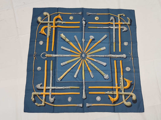 HERMES Silk Carré 90 Cannes & Pommeaux Walking Stick Pattern Scarf in Navy Multicolor with Box