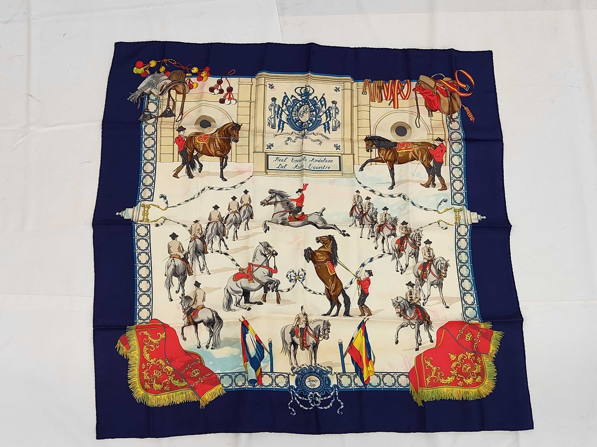 HERMES Silk Carré 90 "Real Escuela Andaluza Del Arte Ecuestre" Scarf, Blue Multicolor, with Box