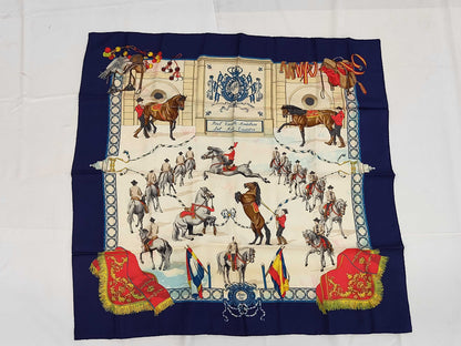 HERMES Silk Carré 90 "Real Escuela Andaluza Del Arte Ecuestre" Scarf, Blue Multicolor, with Box