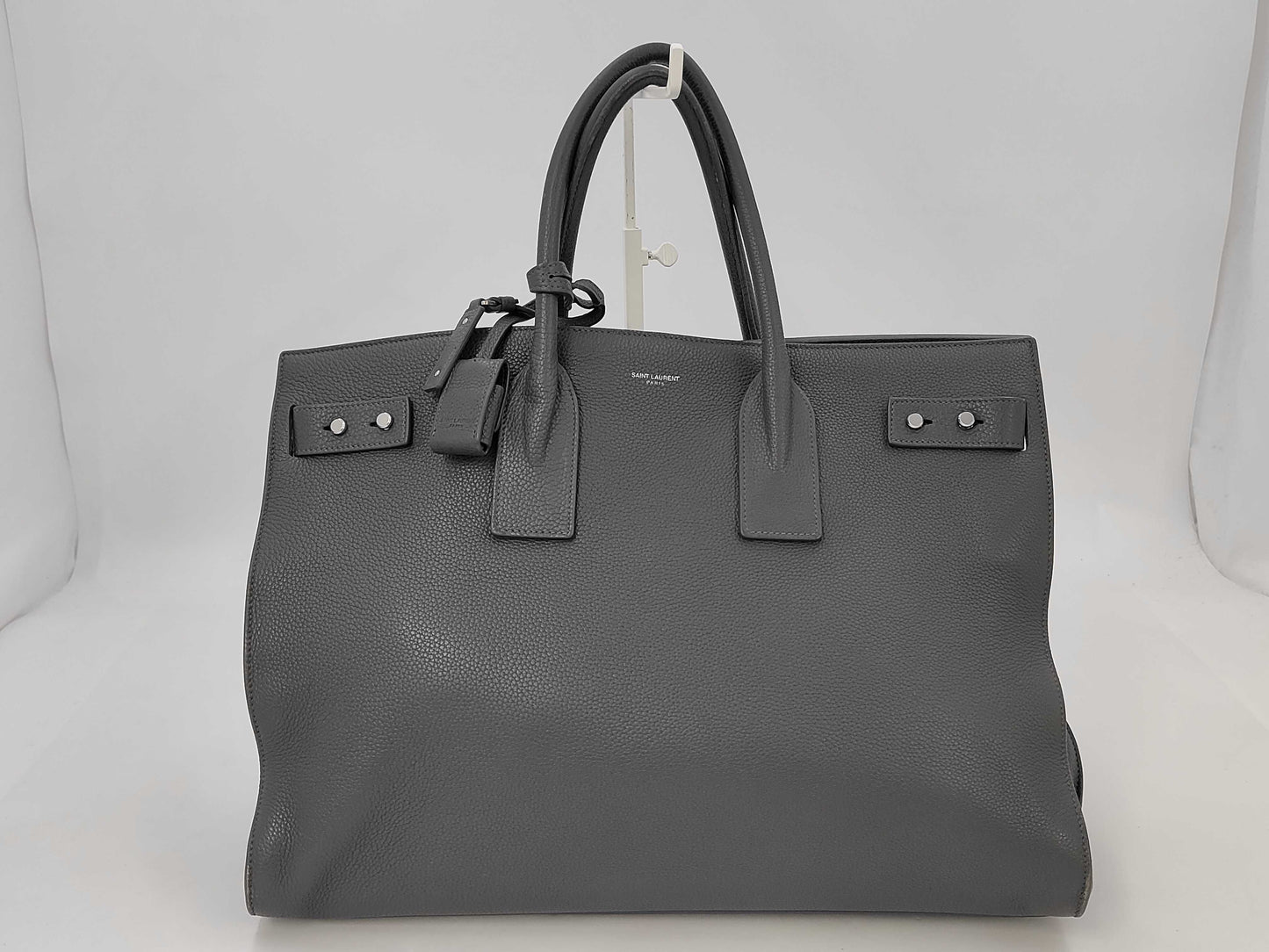 Yves Saint Laurent 631526 Leather Thin Large Sac de Jour Handbag in Grey with Cloche, Cadena, and Two Keys