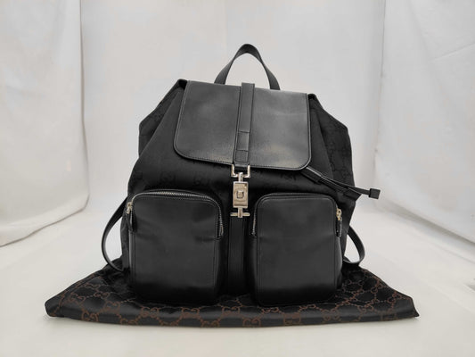GUCCI 003.0246.002058GG Nylon Backpack, Leather and Canvas, Black, with Dust Bag