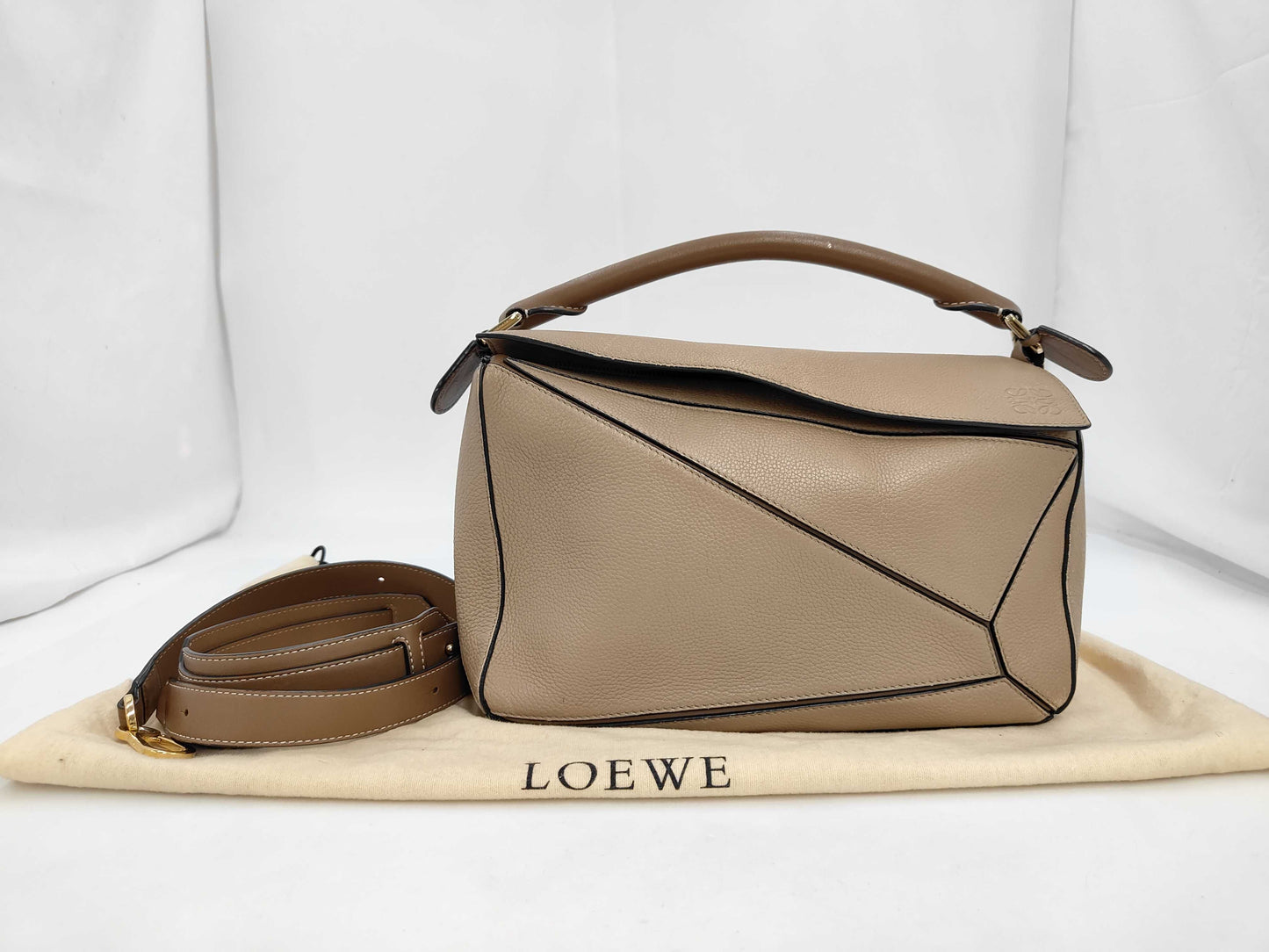 LOEWE Leather Puzzle Bag, Medium, 2-Way Bag, Beige, with Strap and Dust Bag