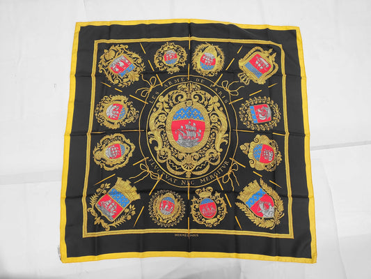 HERMES Silk Carré 90 LES ARMES DE PARIS Paris Coat of Arms Black Yellow Scarf
