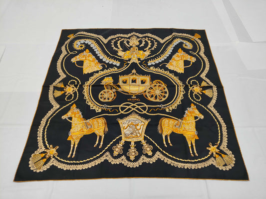 HERMES Silk Carré 90 SELLES A HOUSSE Cover Saddle Black Yellow Scarf