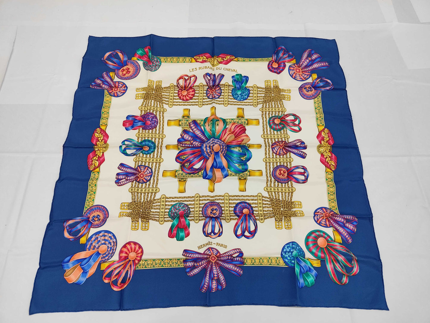 HERMES Silk Carré 90 LES RUBANS DU CHEVAL Horse Ribbon Blue Multicolor Scarf