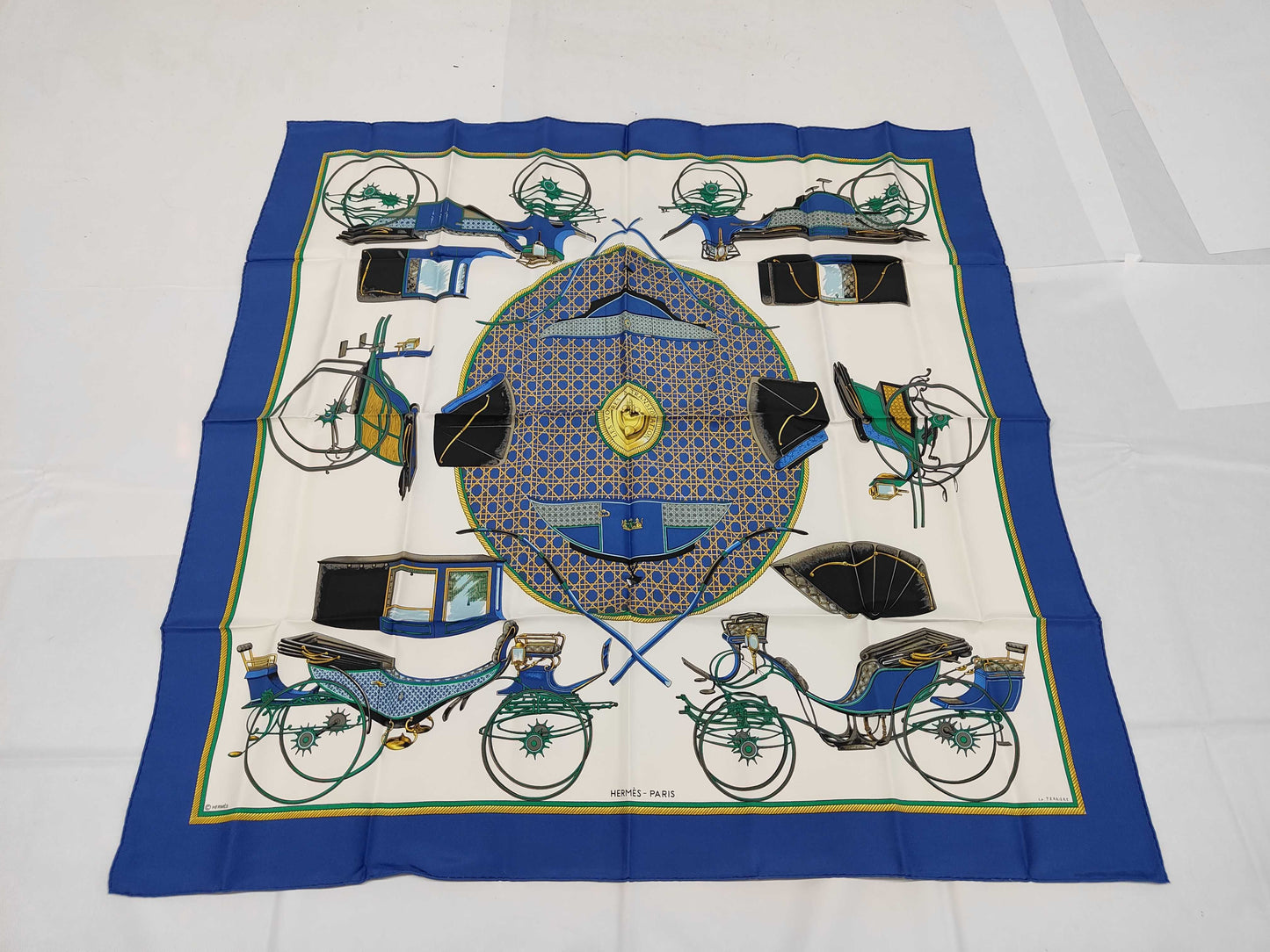 HERMES Silk Carré 90 "Les Voitures a Transformation" Folding Carriage Blue Multicolor Scarf