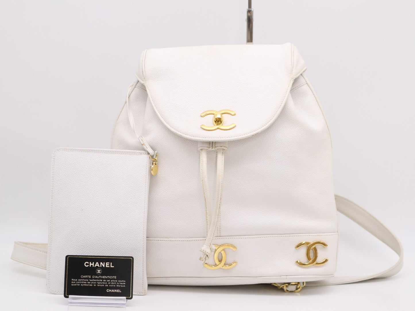 CHANEL Caviar Skin Triple Coco Rucksack White Seal Card 2681817 Rucksack