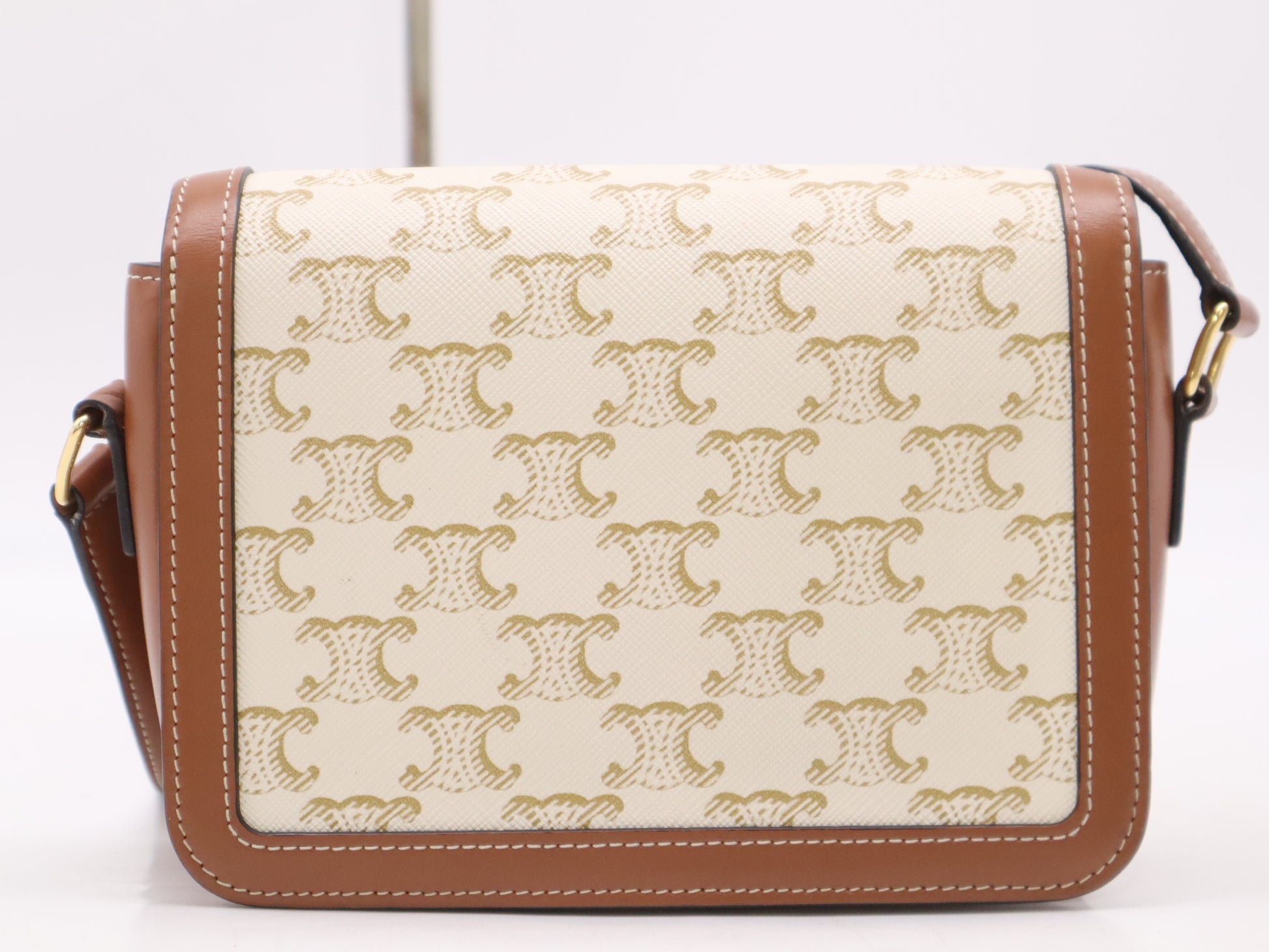 CELINE Triomphe Canvas/Calfskin Teen Triomphe Shoulder Bag in White and Brown