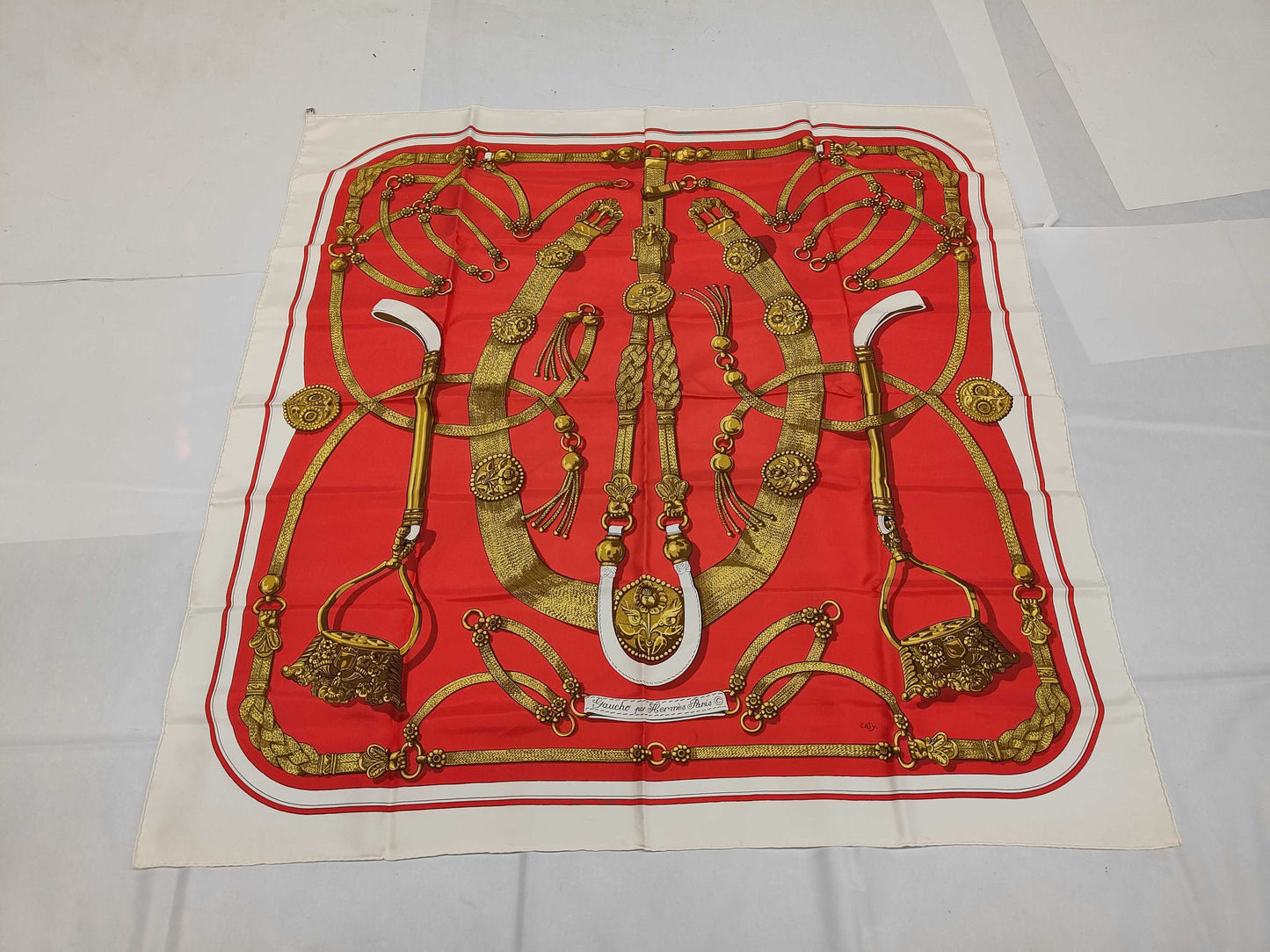 HERMES Silk Carré 90 Gaucho by Hermes Paris, Decorative Saddlery Pattern, Red, Yellow, and White