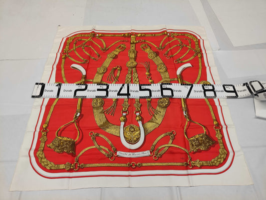 HERMES Silk Carré 90 Gaucho by Hermes Paris, Decorative Saddlery Pattern, Red, Yellow, and White