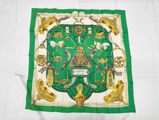 HERMES Silk Carré 90 ETRIERS Armor Scarf Brown Green White Yellow