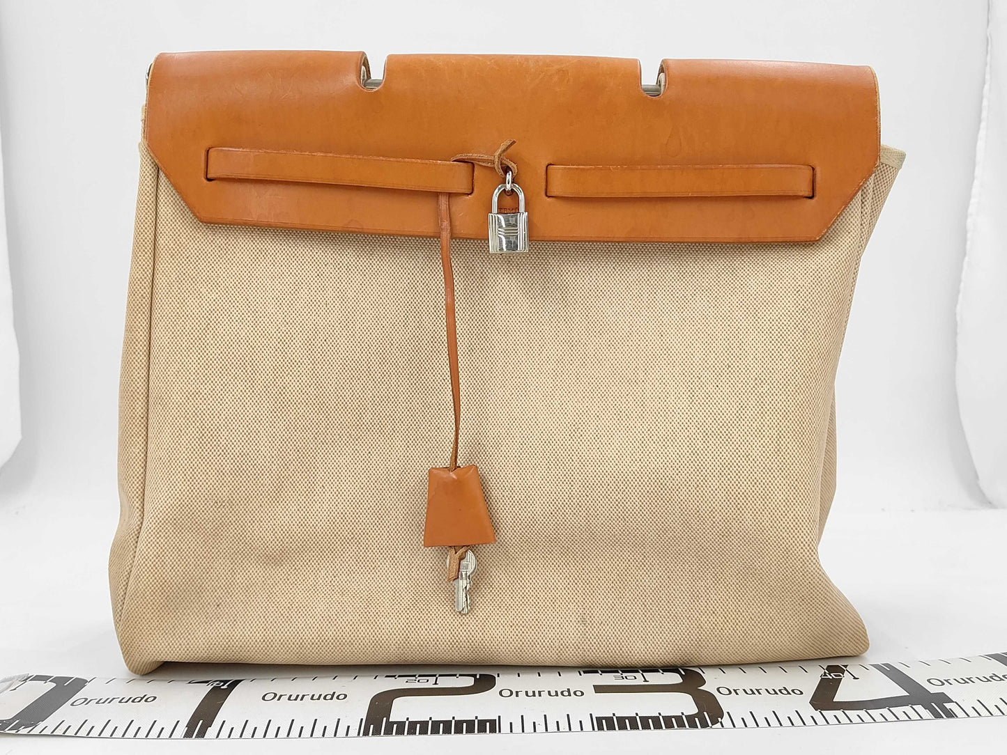 HERMES Airbag MM Handbag, □B Stamp, Toile H Leather, Natural Brown, Includes Cloche, Padlock, Two Keys, Box, Dust Bag, and Spare Bag